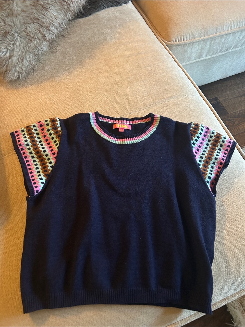 THML Navy Knit Top with Multicolor Trim